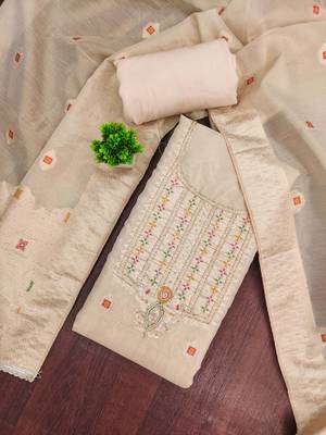 Beige shimmer banarasi woven unstitched dress material 1