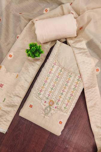 Beige shimmer banarasi woven unstitched dress material