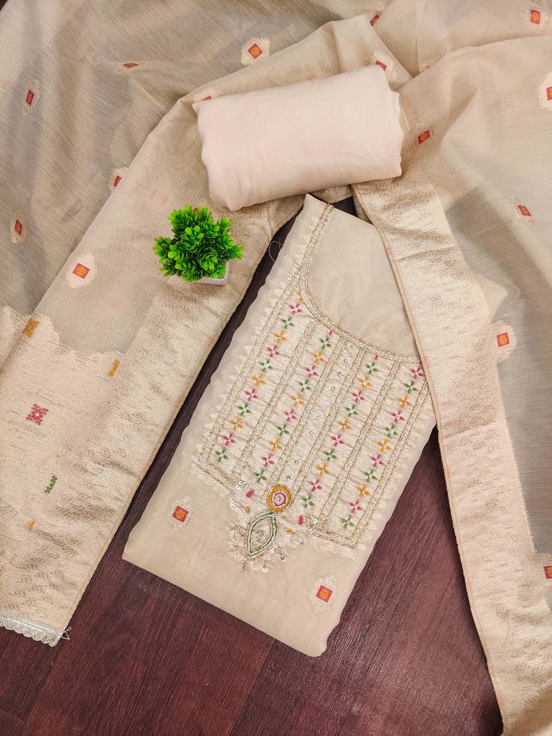 Beige shimmer banarasi woven unstitched dress material