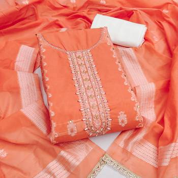 Orange cotton silk embellished unstitched dress material 2