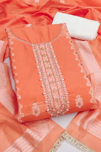 Orange cotton silk embellished unstitched dress material