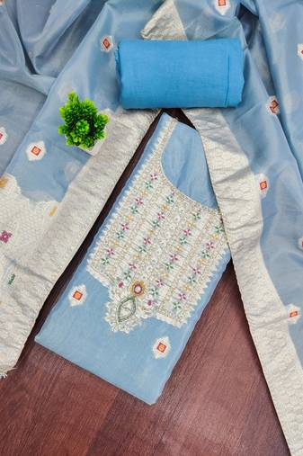 Blue shimmer banarasi woven unstitched dress material