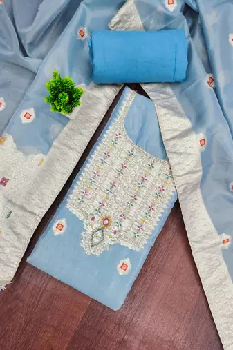 Blue shimmer banarasi woven unstitched dress material