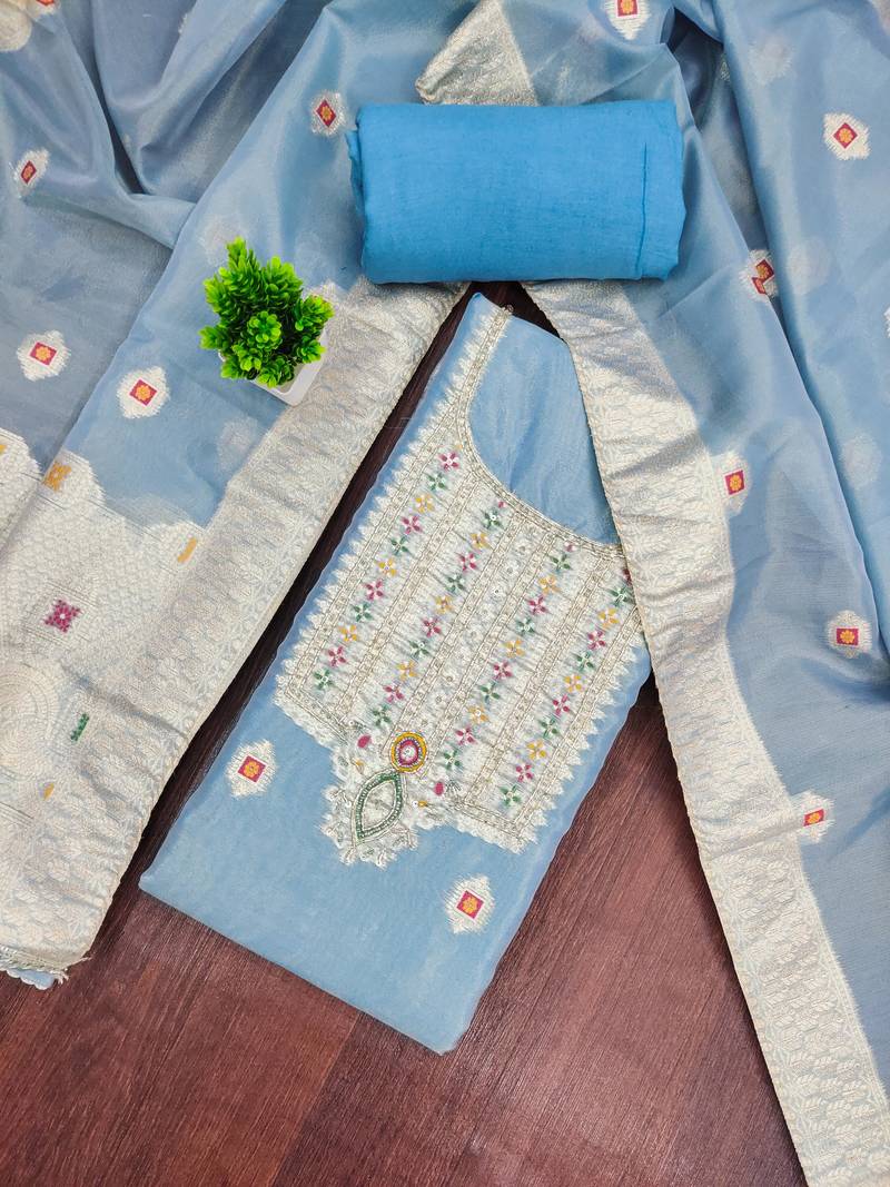 Blue shimmer banarasi woven unstitched dress material