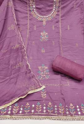 Purple cotton silk embroidered unstitched dress material 3