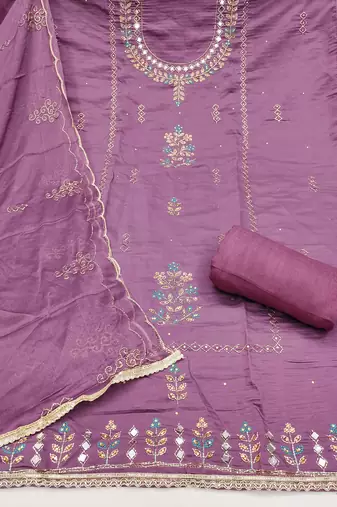 Purple cotton silk embroidered unstitched dress material