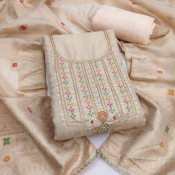 Beige shimmer banarasi woven unstitched dress material 2