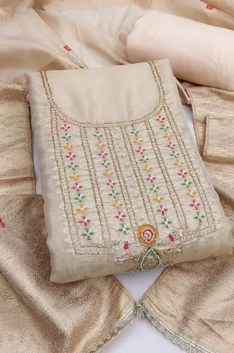 Beige shimmer banarasi woven unstitched dress material