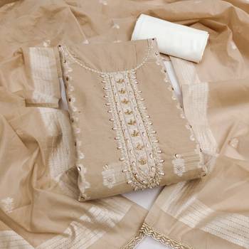 Beige cotton silk embellished unstitched dress material 2