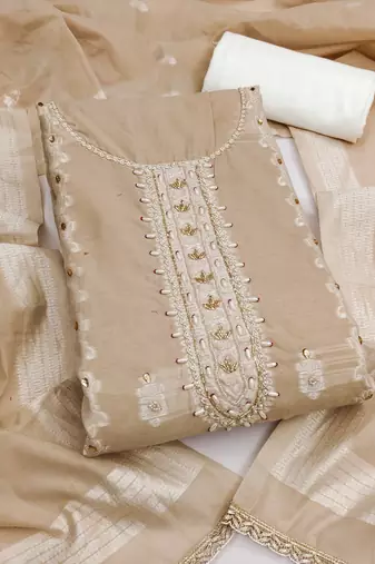 Beige cotton silk embellished unstitched dress material