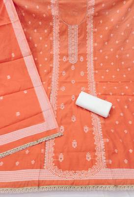 Orange cotton silk embellished unstitched dress material 3