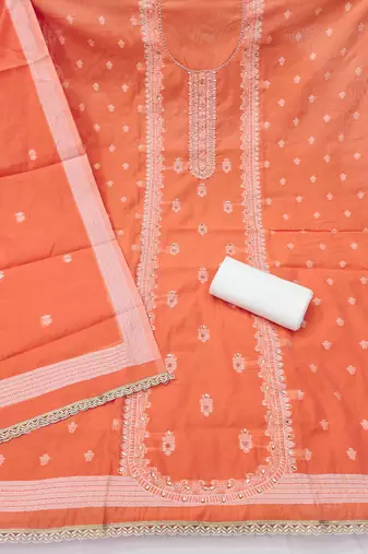 Orange cotton silk embellished unstitched dress material