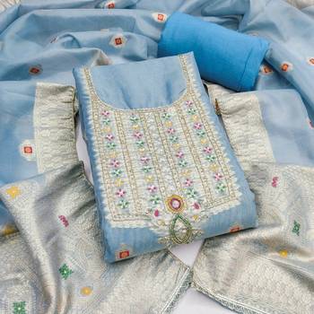 Blue shimmer banarasi woven unstitched dress material 2
