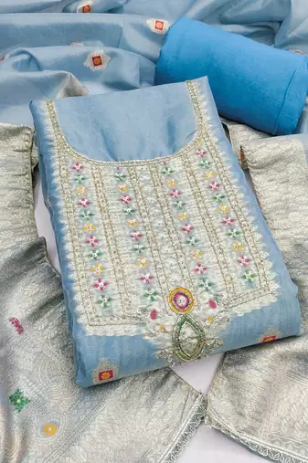 Blue shimmer banarasi woven unstitched dress material