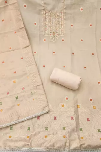 Beige shimmer banarasi woven unstitched dress material