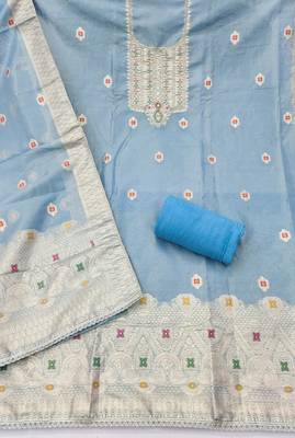 Blue shimmer banarasi woven unstitched dress material 3