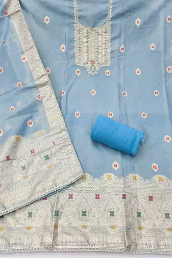 Blue shimmer banarasi woven unstitched dress material