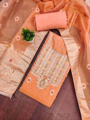 Orange shimmer banarasi woven unstitched dress material 1