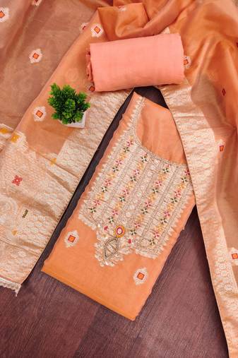 Orange shimmer banarasi woven unstitched dress material