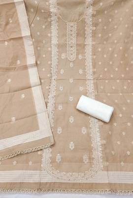 Beige cotton silk embellished unstitched dress material 3