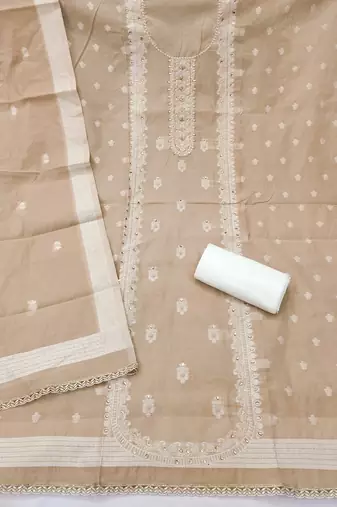 Beige cotton silk embellished unstitched dress material