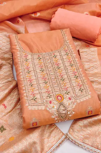 Orange shimmer banarasi woven unstitched dress material