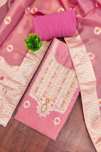 Pink shimmer banarasi woven unstitched dress material