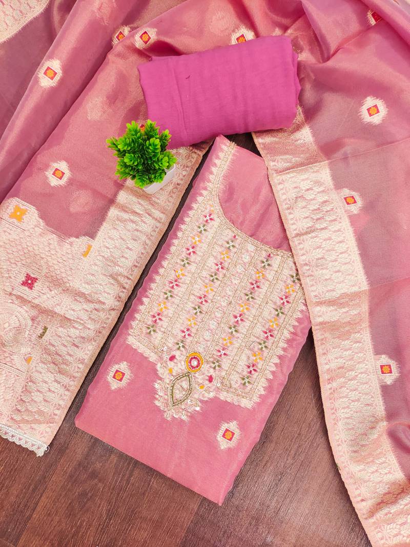 Pink shimmer banarasi woven unstitched dress material
