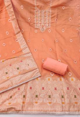Orange shimmer banarasi woven unstitched dress material 3