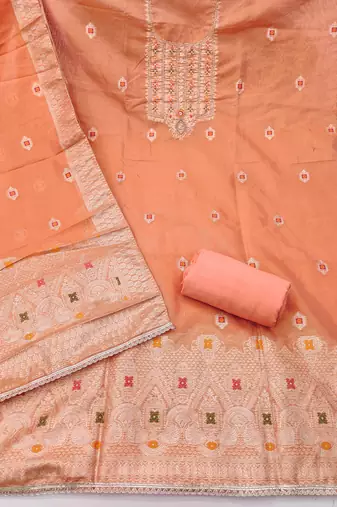 Orange shimmer banarasi woven unstitched dress material