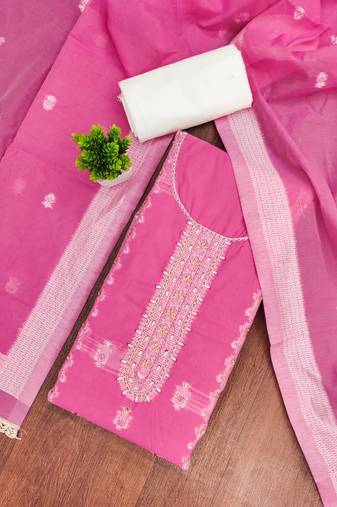 Pink cotton silk embellished unstitched dress material