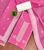 Pink cotton silk embellished unstitched dress material