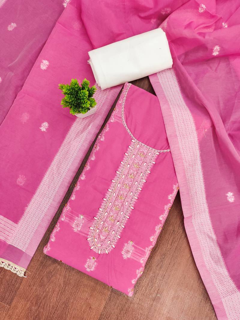 Pink cotton silk embellished unstitched dress material