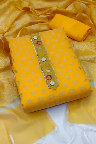 Yellow banarasi woven unstitched dress material