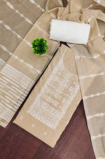 Beige cotton silk embellished unstitched dress material