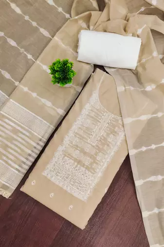 Beige cotton silk embellished unstitched dress material