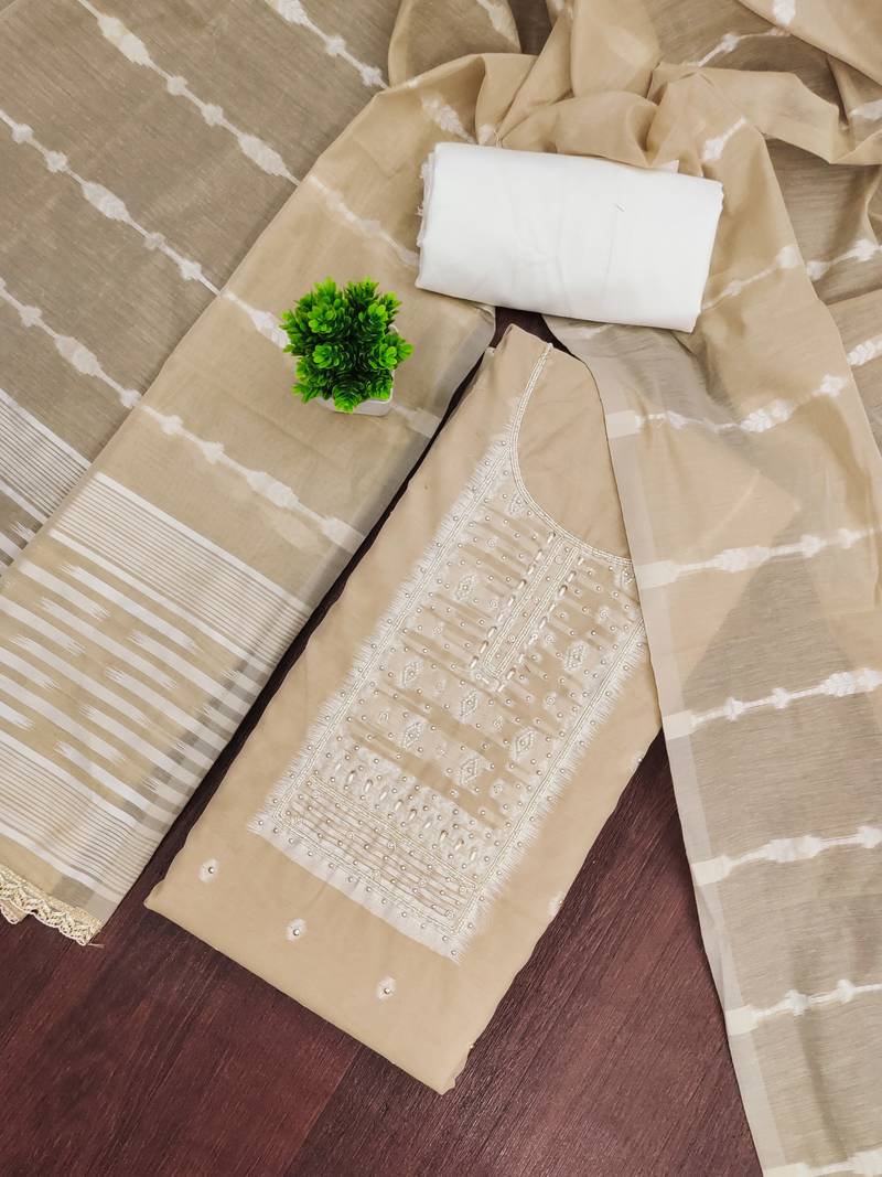 Beige cotton silk embellished unstitched dress material