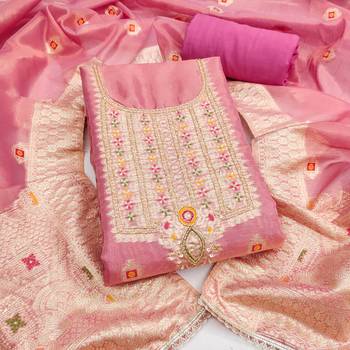 Pink shimmer banarasi woven unstitched dress material 2