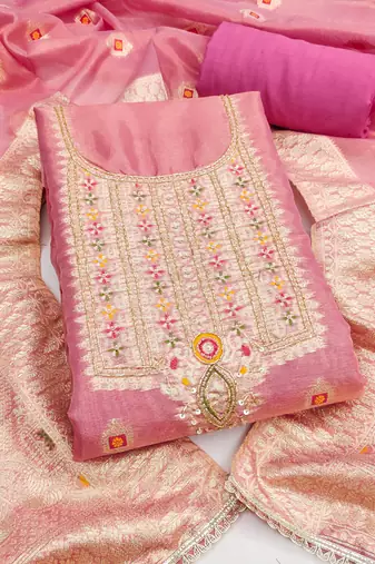 Pink shimmer banarasi woven unstitched dress material