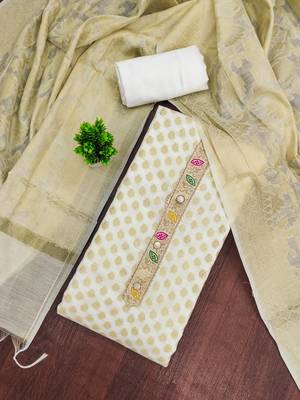 White banarasi woven unstitched dress material 1
