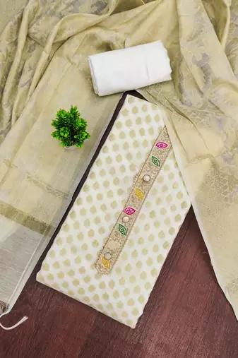 White banarasi woven unstitched dress material