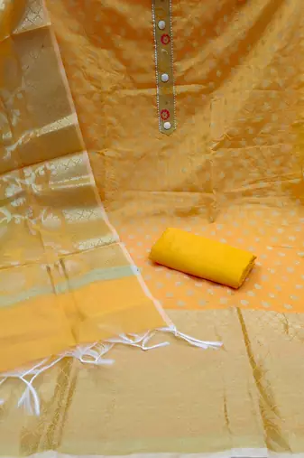 Yellow banarasi woven unstitched dress material