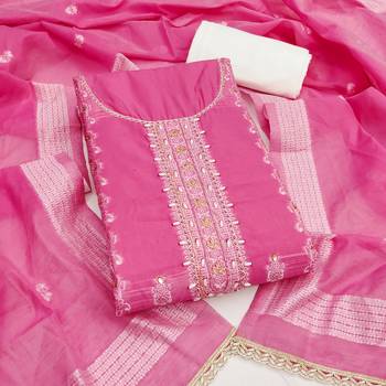 Pink cotton silk embellished unstitched dress material 2