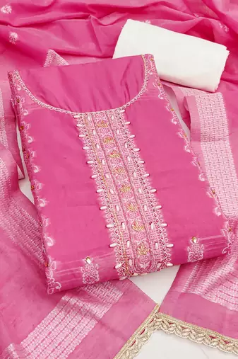 Pink cotton silk embellished unstitched dress material