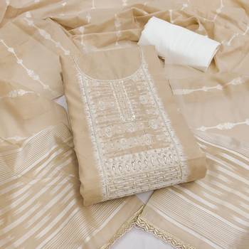 Beige cotton silk embellished unstitched dress material 2