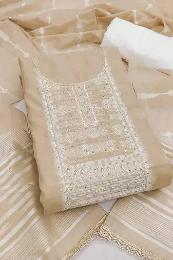 Beige cotton silk embellished unstitched dress material