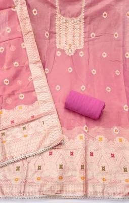 Pink shimmer banarasi woven unstitched dress material 3
