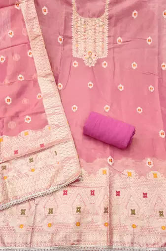 Pink shimmer banarasi woven unstitched dress material