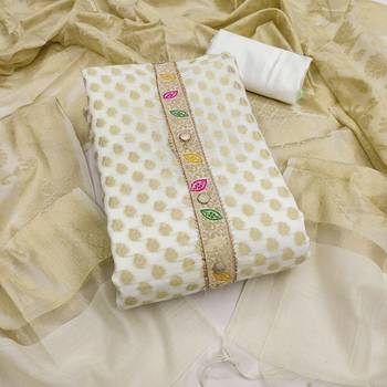 White banarasi woven unstitched dress material 2
