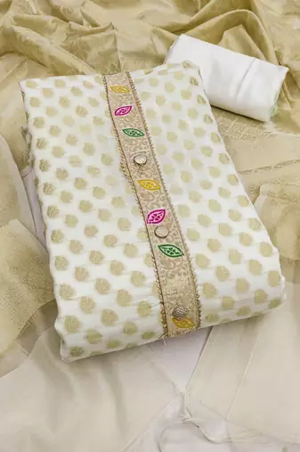 White banarasi woven unstitched dress material